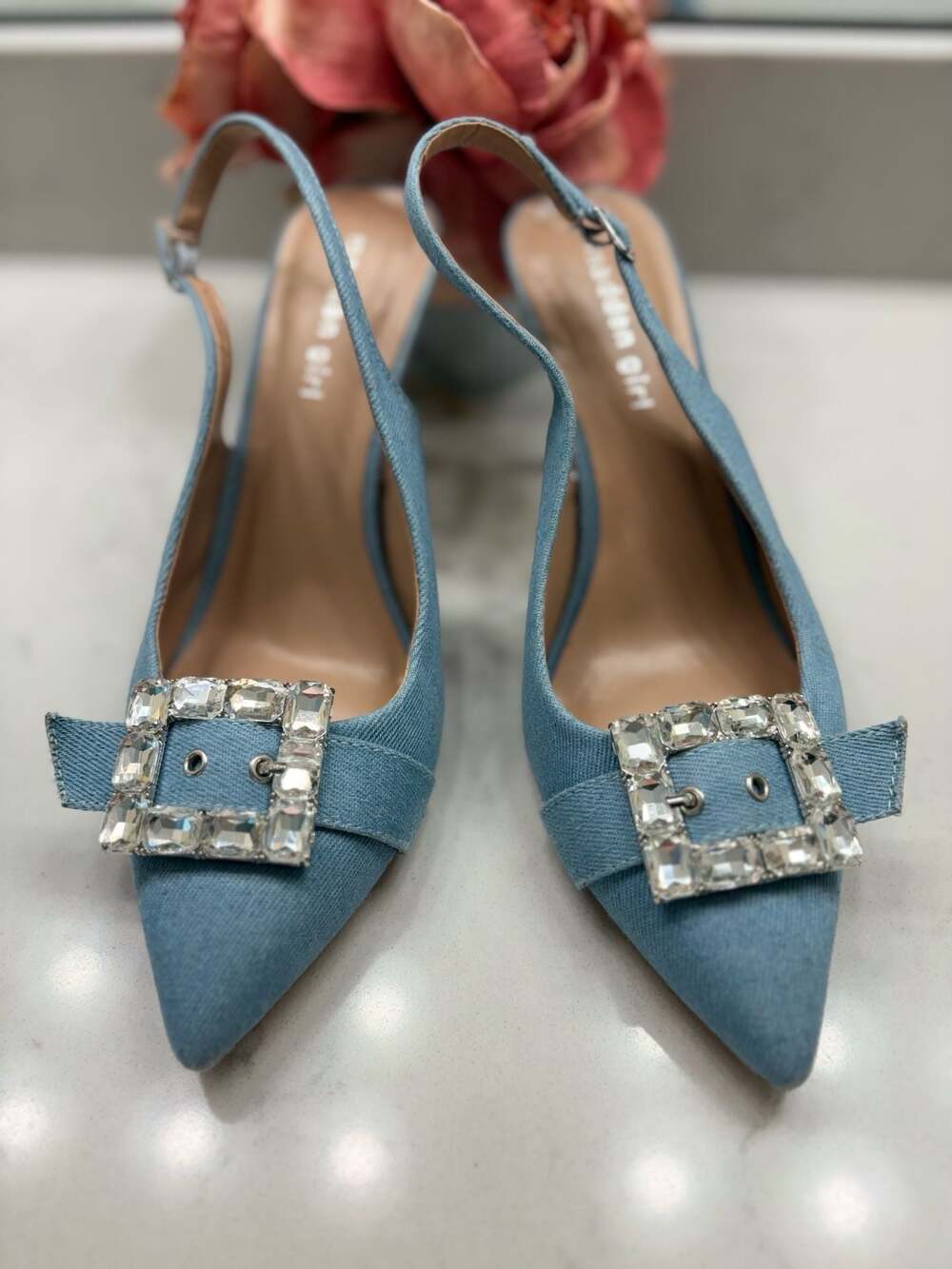 Madden Girl Chacha Blue Denim Pointed Toe Rhinestone Buckle Slingback Pumps